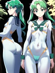 ai_generated bishoujo_senshi_sailor_moon breast_outline cameltoe cleft_of_venus clothing female flat_chest green_eyes green_hair latex michiru_kaiou multiple_angles navel navel_outline plugsuit pussy_outline sailor_neptune sailor_senshi shiny_clothes skin_tight skinsuit solo stable_diffusion tight_clothing toned toned_body toned_female