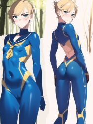 1girls ai_generated ass bishoujo_senshi_sailor_moon blonde_hair breast_outline cameltoe cleft_of_venus clothing female female_only flat_chest haruka_tenou latex looking_at_viewer looking_back multiple_angles navel navel_outline plugsuit pussy_outline sailor_senshi sailor_uranus shiny_clothes skin_tight skinsuit solo stable_diffusion tight_clothing toned toned_body toned_female