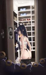 1girls ass changing_room fan_mascot_(vtuber) halo hololive hololive_english hololive_myth ninomae_ina'nis open_door pants pants_down peeping tako_(ninomae_ina'nis) thong undressing vicarious_(vicillust) virtual_youtuber