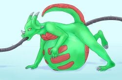 anthro belly big_belly glistening glistening_eyes green_body green_tail horn huge_belly inflation lying male nude object_in_ass object_in_mouth on_front pupils red_body red_tail roobin side_view simple_background slit_pupils solo species_request tail teeth yellow_eyes