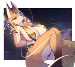 2021 absurd_res anthro ass big_breasts blue_eyes blush breasts brown_body brown_fur brown_nose canid canine chest_tuft clothed clothing digital_media_(artwork) female female_anthro forehead_gem fox fur headdress hi_res huge_breasts kemono leg_markings looking_at_viewer mammal markings shaded side_boob socks_(marking) solo tail tan_body tan_fur tuft under_boob white_body white_fur whooo-ya