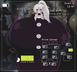 ass_expansion blush breast_expansion camera_view confused five_nights_at_freddy's five_nights_at_freddy's_2 five_nights_in_anime game_mechanics gigantomastia hyper_breasts marionette_(fnaf) puppet_(fnaf) solo thick_thighs thigh_expansion tight_clothing tradicon666 white_hair