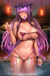 1girls ass_visible_through_thighs badcompzero bare_arms bare_shoulders bikini breasts cameltoe camilla_(fire_emblem) cleavage collar collarbone condom condom_belt condom_filling condom_in_mouth condoms cowboy_shot cum curvy female female_only fire_emblem fire_emblem_fates gold_trim groin hair_over_one_eye hand_up hot_spring huge_breasts inviting inviting_to_sex lips long_hair looking_at_viewer multi-strapped_bikini narrow_waist navel nintendo onsen patreon_username purple_bikini purple_eyes purple_hair revealing_clothes skimpy_clothes solo steam suggestive sweat sweatdrop sweating swimsuit termal_water very_long_hair wading water watermark wavy_hair web_address wet wide_hips