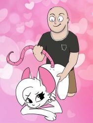 anonymous_artist anthro bald black_clothing black_shirt black_topwear brain_dump clothed clothing digital_media_(artwork) duo fur girly hair hand_on_hip hi_res human human_on_anthro interspecies male male/male mammal max_g.(brain_dump) max_gilardi mouse murid murine nude pink_background reggie_(whygena) rodent shirt simple_background smile tail tail_pull topwear white_body white_fur