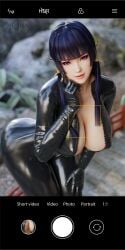 1girls 3d akiryo akiyamaryo asian asian_female black_hair bodysuit catsuit cleavage dead_or_alive dead_or_alive_5 dead_or_alive_5_last_round latex latex_suit light-skinned_female nyotengu phone_screen purple_eyes