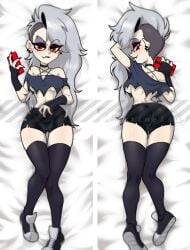 1girls ass black_nails breasts centinel303 choker clothing dakimakura ear_piercing eyebrow_piercing eyeshadow facial_piercing female female_only goth grey_hair helluva_boss holding human_loona long_hair loona_(helluva_boss) makeup nails phone piercing red_eyes torn_clothes