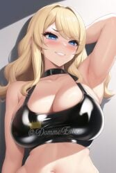 1girls ai_generated armpits artist_self-insert belly big_breasts blonde_hair blue_eyes bra breasts busty cleavage clothed clothed_female clothes clothing curvaceous curvy curvy_body curvy_female curvy_figure female female_focus female_only grin huge_breasts large_breasts latex light-skinned_female light_skin long_hair midriff nai_diffusion navel queen_dee queen_dee_(character) shiny_clothes smile smiling smirk smirking smug solo solo_female solo_focus stable_diffusion stomach sweat sweaty text thick tight_clothing voluptuous