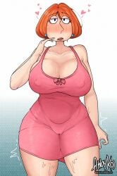 1girls ahoykoi before_sex blush earrings family_guy female female_only koianimations lois_griffin looking_at_viewer night_gown nightgown nipple_bulge pink_dress sweat