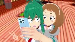 2girls 3d adult_swim animated big_breasts brown_eyes brown_hair clothed eight69 female female_deku female_only freckles genderswap_(mtf) green_eyes green_hair green_tea hug izuku_midoriya koikatsu_(medium) lipstick mp4 my_hero_academia no_sound ochako_uraraka phone pigtails rule_63 school_uniform selfie tagme toonami unicorn v_sign video wholesome yuri