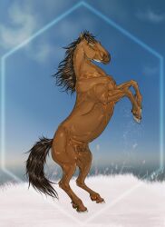 2020 animal_genitalia blue_eyes brown_body brown_hair brown_mane brown_tail digital_media_(artwork) dolero equid equine feathering feral fur genitals grass hair hi_res hooves horse looking_at_viewer male mammal mane on_hind_legs plant raised_tail sheath simple_background snow solo tail viviangard