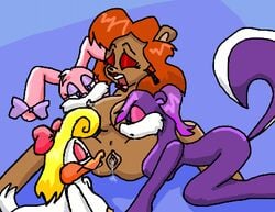 anthro babs_bunny bear female female_only fifi_la_fume fur furry julie_bruin loon mammal multiple_females rabbit sanguisfluit shirley_the_loon skunk soft_feathers tiny_toon_adventures uncensored yuri