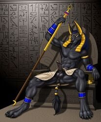 1boy anthro anubis ass balls canine egyptian egyptian_mythology erection furry furry_only humanoid_penis jackal looking_at_viewer male male_only muscular mythology nipples paws penis showing_off sitting solo tail wooky