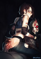 2boys anal ass bandages bandaid biting biting_lip black_gloves blood bloody_weapon breasts brown_hair choker commentary cowboy_shot cum cum_in_ass dark_penis dash_ravo double_anal drooling elbow_pads english_commentary female fucked_silly gloves group_sex highres holding holding_knife injury jill_valentine jill_valentine_(sasha_zotova) knife large_penis lube medium_breasts mmf_threesome monster_boy multiple_boys nipples no_panties pants patchwork_skin penis pussy redesign resident_evil resident_evil_3 reverse_grip rolling_eyes saliva sex shirt_lift sleeveless solo_focus stitches studded_penis threesome torn_clothes torn_pants weapon zombie