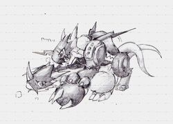 anthro anthro_on_feral armor claws digimon digimon_(species) dragon feral flamedramon male male_only open_mouth raidramon scalie tagme teeth