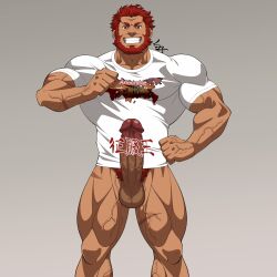 1boy 41raco abs bara beard boner bottomless dark-skinned_male dark_skin erection facial_hair fate/grand_order fate/zero fate_(series) full_body grin highres iskandar_(fate) kirupi large_pectorals looking_at_viewer male_focus male_only male_pubic_hair mature_male muscular muscular_male nipples official_alternate_costume pectorals penis pointing pointing_at_self pubic_hair red_eyes red_hair shirako_(kirupi) shirt short_hair smile solo standing text_censor thick_eyebrows veins veiny_penis white_shirt