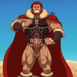 1boy 41raco abs armor bara beard blue_sky boner bottomless breastplate cape dark-skinned_male dark_skin erection facial_hair fate/grand_order fate/zero fate_(series) full_body fur-trimmed_cape fur_trim grin highres iskandar_(fate) kirupi large_pectorals looking_at_viewer male_focus male_only male_pubic_hair mature_male muscular muscular_male nipples pectoral_cleavage pectorals penis pointing pointing_at_self pubic_hair red_cape red_eyes red_hair shirako_(kirupi) short_hair sky smile solo standing text_censor thick_eyebrows veins veiny_penis