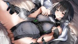 1boy 1girls ahoge arknights bangs black_eyes black_gloves black_hair black_jacket black_shirt blush breasts censored clothed_sex dark-skinned_male dark_skin erection female fingerless_gloves fur-trimmed_jacket fur_trim gloves hands_on_another's_thigh highres jacket jacket_removed la_pluma_(arknights) light-skinned_female light_skin lying medium_breasts mosaic_censoring motion_lines on_back open_mouth penis sex shirt short_hair side_slit single_fingerless_glove single_glove sleeveless sleeveless_shirt thighs tobimura vaginal_penetration