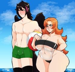 1boy 1girls bare_thighs beach black_hair blue_eyes bluueygooey boxers breasts cleavage curvy curvy_female female freckles green_eyes gris_swimsuit heterochromia huge_breasts lie_ren long_hair male mole mole_on_thigh muscular_male nora_valkyrie one-piece_swimsuit orange_hair outdoors pink_eyes rwby see-through swimsuit thick_thighs thighhighs thighs voluptuous wide_hips wings