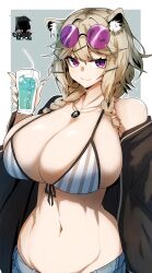 animal_ears arknights big_breasts bikini_top blonde_hair breasts cleavage doctor_(arknights) gin_moku glasses_on_head holding_object looking_at_viewer purple_eyes tagme utage_(arknights) utage_(summer_flowers)_(arknights)