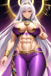 abs ai_generated andromeda_(vpagonart) bra bracelet cleavage curvy earrings goddess gold_jewelry hair_bun hair_ornament halo jewelry large_breasts leggings long_hair looking_at_viewer looking_down midriff muscular_female original_character pale-skinned_female purple_clothing purple_eyes stable_diffusion white_hair