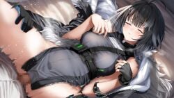 1boy 1girls ahoge arknights bangs black_eyes black_gloves black_hair black_jacket black_shirt blush breasts censored closed_eyes closed_mouth clothed_sex dark-skinned_male dark_skin erection female fingerless_gloves fur-trimmed_jacket fur_trim gloves hands_on_another's_thigh highres jacket jacket_removed la_pluma_(arknights) light-skinned_female light_skin lying medium_breasts mosaic_censoring motion_lines on_back penis sex shirt short_hair side_slit single_fingerless_glove single_glove sleeveless sleeveless_shirt thighs tobimura vaginal_penetration