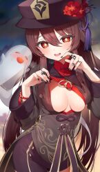 1girls blush breasts breasts_out brown_hair exposed_breasts genshin_impact ghost hat hu_tao_(genshin_impact) itohana jewelry looking_at_viewer nail_polish no_bra pov red_eyes ring smile solo twintails