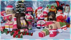 3d 5girls abigail_(rusmynth) black_hair boob_window bra bunny_costume bunny_ears bunny_girl censor_bar christmas christmas_clothing christmas_outfit christmas_tree ellie_(rusmynth) glasses glasses_on_head iris_(rusmynth) lowres nipple_covers olivia_(rusmynth) original_character original_characters presents roblox robloxian roxanne_(rusmynth) rusmynth showing_breasts showing_leg snow sofia_(rusmynth) stockings thighhighs underwear