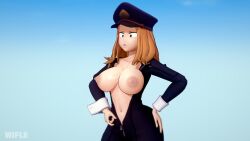 3d ass blonde_hair blue_background bodysuit breasts camie_utsushimi embarrassed female female_only hand_on_ass human koikatsu large_breasts my_hero_academia peaked_cap police police_uniform shiketsu_high_school_cap shounen_jump simple_background solo topless twitter wardrobe_malfunction watermark wifle zipper zipper_pull_tab