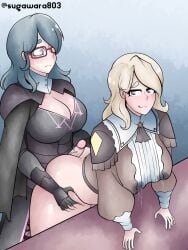 1futa 1girls alternate_costume alternate_hairstyle ambiguous_penetration bent_over big_breasts blue_eyes bottomless breasts byleth_(fire_emblem) byleth_(fire_emblem)_(female) cleavage clothed clothing duo female fire_emblem fire_emblem:_three_houses fire_emblem_warriors:_three_hopes futa_on_female futanari glasses human lactating_through_clothing lactation light-skinned_female light-skinned_futanari light_skin long_hair mercedes_von_martritz nintendo official_alternate_costume official_alternate_hairstyle partially_clothed standing sugawara