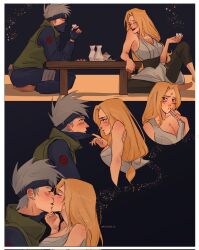 1boy 1girls age_difference assertive_female blonde_female blonde_hair blush cleavage drinking female hatake_kakashi kissing kissy_face mayskalih naruto naruto_(series) naruto_shippuden older_female sensual straight tsunade unmasking