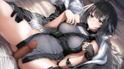 1boy 1girls ahoge arknights bangs black_eyes black_gloves black_hair black_jacket black_shirt blush breasts censored dark-skinned_male dark_skin erection female fingerless_gloves fur-trimmed_jacket fur_trim gloves hands_on_another's_thigh highres jacket jacket_removed la_pluma_(arknights) light-skinned_female light_skin looking_at_penis lying medium_breasts mosaic_censoring on_back open_mouth penis shirt short_hair side_slit single_fingerless_glove single_glove sleeveless sleeveless_shirt thighs tobimura