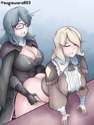 1futa 1girls alternate_costume alternate_hairstyle ambiguous_penetration bent_over big_breasts blue_eyes bottomless breasts byleth_(fire_emblem) byleth_(fire_emblem)_(female) cleavage clothed clothing duo female fire_emblem fire_emblem:_three_houses fire_emblem_warriors:_three_hopes futa_on_female futanari glasses huge_breasts human lactating_through_clothing lactation large_ass large_breasts light-skinned_female light-skinned_futanari light_skin long_hair mercedes_von_martritz nintendo official_alternate_costume official_alternate_hairstyle partially_clothed sex standing sugawara