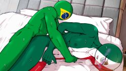 2boys bed brazil_(countryhumans) countryhumans gay homosexual mexico_(countryhumans) muscular muscular_male pecs pectorals weedank yaoi