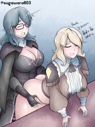 1futa 1girls alternate_costume alternate_hairstyle ambiguous_penetration bent_over big_breasts blue_eyes bottomless breasts byleth_(fire_emblem) byleth_(fire_emblem)_(female) cleavage clothed clothing dialogue duo english_text female fire_emblem fire_emblem:_three_houses fire_emblem_warriors:_three_hopes futa_on_female futanari glasses human lactating_through_clothing lactation light-skinned_female light-skinned_futanari light_skin long_hair mercedes_von_martritz nintendo official_alternate_costume official_alternate_hairstyle partially_clothed standing sugawara text