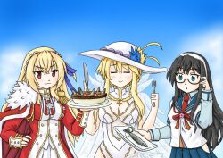 artoria_pendragon artoria_pendragon_(lancer) artoria_pendragon_(swimsuit_ruler) artoria_pendragon_(swimsuit_ruler)_(second_ascension)_(fate) azur_lane blush closed_eyes crossover fate/grand_order fate_(series) glasses kantai_collection king_george_v_(azur_lane) ooyodo_(kantai_collection)