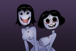 ahenobarbus_henocied big_breasts black_hair bleeding_eyes bushy_pubes creepy creepy_smile creepypasta death_forest dollthing herny pale_skin red_teeth small_breasts smiling