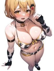 1girls ai_generated bare_shoulders bell bell_collar belly big_breasts bikini bikini_bottom bikini_top blonde_hair blush breasts cleavage collar collarbone cow_print cow_print_armwear cow_print_bikini cow_print_gloves cowbell female fingerless_gloves hair_ornament hololive looking_at_viewer navel open_mouth solo standing virtual_youtuber yellow_eyes yozora_mel