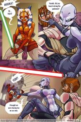 1boy 2d 2girls abs ahsoka_tano alien alien/human alien_girl alien_humanoid armor asajj_ventress athletic athletic_female background bald bald_female beard blush bulge caught clone_wars clothed clothed_female clothed_male color comic english_text eyelashes facial_hair facial_tattoo female female_on_top finger_in_mouth fingerless_gloves footwear force_push fully_clothed glove hair heart_symbol human human_on_humanoid humanoid interrupted interspecies jedi jedi_master jedi_padawan knee_boots light-skinned_male light_skin lightsaber lips long_eyelashes magic magic_user male motion_lines multiple_girls nipple_bulge no_bra no_underwear obi-wan_kenobi orange-skinned_female orange_body orange_skin page_2 page_number pushing science_fiction shoes simple_background sith slim_waist speech_bubble star_wars sword tattoo telekinesis text the_clone_wars:_season_one the_force togruta tubetop underboob vegaversio weapon