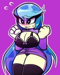 4_fingers :s auntie_lofty_(mlp) big_breasts big_eyes blue_hair boob_window breasts clenched_hand light_skin lingerie long_hair my_little_pony nelljoestar nervous sweater tagme thick_thighs thighhighs