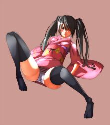 black_hair black_legwear black_thighhighs blush bunmaru eye_patch female female_only full_body gintama kimono long_hair looking_at_viewer obi official_alternate_costume on_back panties short_kimono small_breasts solo spread_legs striped_panties thighhighs twintails upskirt yagyuu_kyuubei