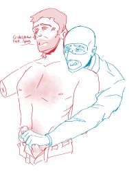 2boys bad_anatomy foreskin_pull gay handjob implied_exhibitionism implied_voyeurism masked_male precum public_nudity quickie sneaky sniper_(team_fortress_2) spy_(team_fortress_2) team_fortress_2 text uncut