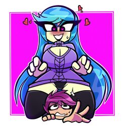 1boy1girl auntie_lofty_(mlp) blue_hair boob_window dominant_female heart-shaped_pupils imminent_sex my_little_pony nelljoestar purple_hair scootaloo_(mlp) simple_background tagme virgin_killer_sweater