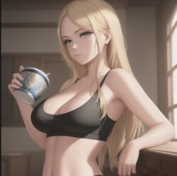 1girls ai_generated armpits blonde_hair bra drinking home long_hair looking_at_viewer medium_breasts sweat workout