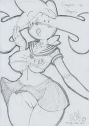 2022 anthro areola areola_slip blush bodily_fluids bottomwear breasts clothed clothing crop_top embarrassed female floppy_ears generation_4_pokemon genital_fluids genitals graphite_(artwork) innie_pussy legendary_pokemon lunaris_parukia navel nintendo nipple_outline no_underwear pokemon pokemon_(species) pokemorph pussy pussy_juice raised_bottomwear raised_clothing raised_skirt school_uniform shaymee_(lunaris_parukia) shaymin shirt shocked_expression skirt sky_forme_shaymin solo topwear traditional_media_(artwork) under_boob uniform