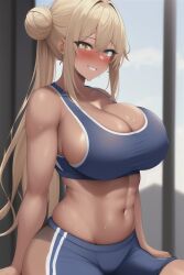 1girls abs ai_generated bangs bare_shoulders big_ass blonde_hair blue_shorts blush breasts cleavage clothing curvy curvy_figure dark-skinned_female dark_skin double_bun eyebrows_visible_through_hair female grin gym gym_clothing gym_shorts hair_between_eyes hair_bun hazel_eyes huge_breasts indoors large_breasts long_hair looking_at_viewer muscular muscular_female navel novelai original shorts side_bun sidelocks sitting smile solo sports_bra sportswear stable_diffusion stomach sweat tan tan_skin thick_thighs thighs tied_hair voluptuous yellow_eyes