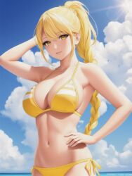 1girls ai_generated arm_behind_head armpits bare_shoulders big_breasts bikini blonde_hair braided_ponytail busty female hand_on_hip hourglass_figure large_breasts long_hair looking_at_viewer navel original original_character ponytail pose posing shmebulock36 slim slim_waist smile solo yellow_bikini yellow_eyes yellow_hair