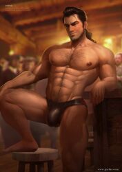 1boy abs appasart bara beauty_and_the_beast biceps big_bulge big_pecs black_hair black_thong black_underwear blue_eyes body_hair brown_nipples bulge chest_hair disney disney_villains facial_hair gaston hairy hairy_chest hairy_legs hairy_male hairy_thighs hand_on_knee human human_only light-skinned_male light_skin looking_at_viewer male male_focus male_nipples male_only medium_hair muscles muscular muscular_male muscular_thighs nipples pecs pectorals pose posing pubic_hair six_pack solo solo_focus solo_male standing thong thong_only tied_hair underwear underwear_only