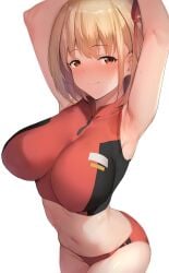 1girls armpit armpit_fetish armpits arms_behind_head bangs blonde_hair blush breasts brown_eyes buruma closed_mouth covered_nipples cowboy_shot crop_top from_above hair_ribbon highres impossible_clothes impossible_shirt large_breasts looking_at_viewer lycoris_recoil medium_hair midriff navel nishikigi_chisato pose posing red_ribbon ribbon seductive seductive_smile sensual sexy_armpits shirt simple_background sleeveless smile solo sportswear stain stained_clothes sweat sweat_stain sweatdrop viral1112 voluptuous white_background