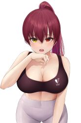 1girls 2022 :o absurdres ass_visible_through_thighs bare_shoulders black_sports_bra breasts cleavage collarbone female grey_pants grey_yoga_pants hand_up heterochromia highres hololive hololive_fantasy hololive_japan houshou_marine laimer large_breasts leaning_forward looking_at_viewer open_mouth pants ponytail red_eyes red_hair simple_background solo sports_bra sweat sweatdrop teeth upper_teeth_only virtual_youtuber white_background wiping_sweat yellow_eyes yoga_pants