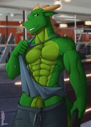 abs anthro biceps bodily_fluids bottomwear bottomwear_down clothed clothing genitals gym hi_res lizard male muscular muscular_male pants pants_down partially_clothed pecs penis penis_base reptile sar saruuk scalie solo solo_male sweat vein veiny_penis